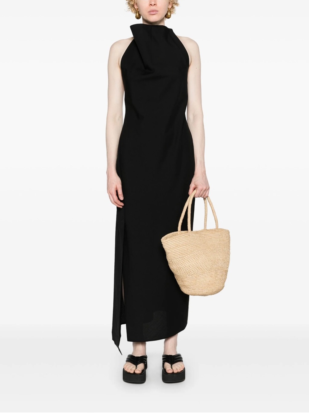 Róhe Virgin Wool Black Halter Maxi Dress  Evening Style (linen feel)